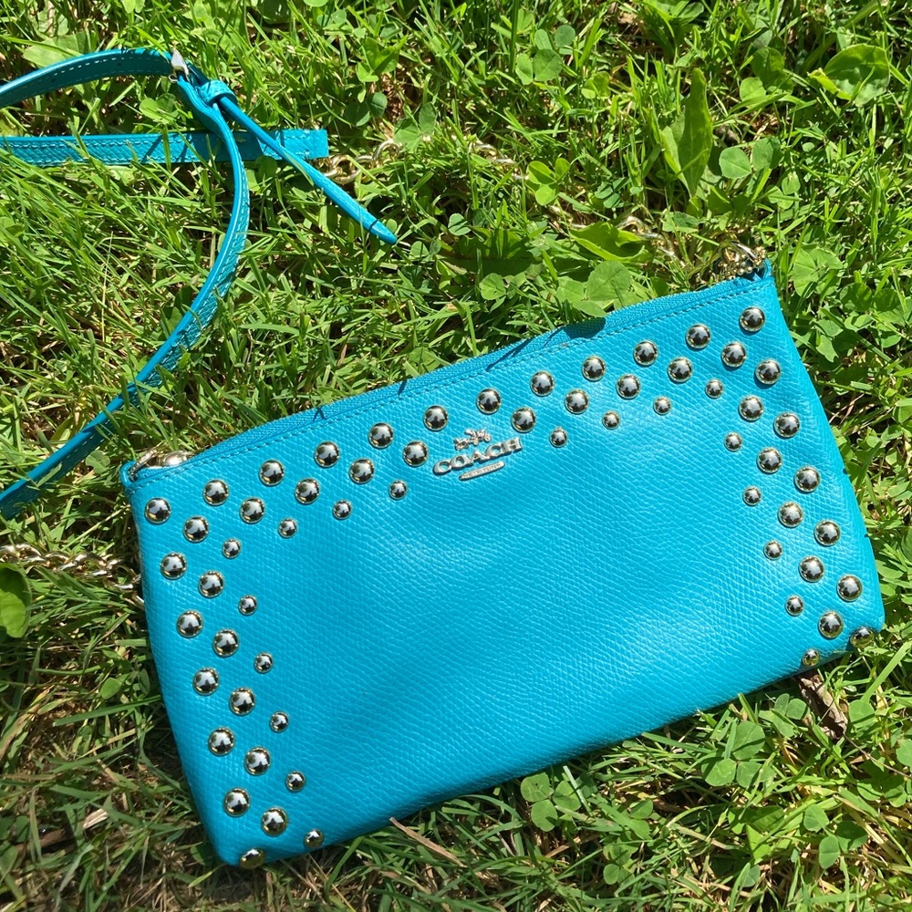 Coach Quinn Teal Blue Metal Bubble Studded Soft Leather Small Crossbody Purse - Picture 3 of 17